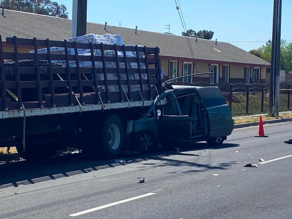 A man was killed when the minivan he was driving slammed into a parked work truck, police said Friday, April 28, 2023.