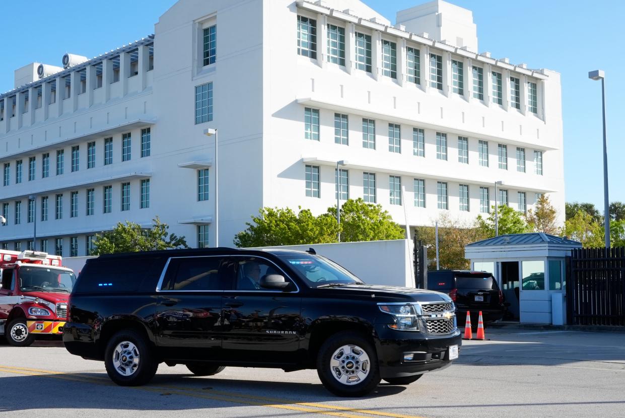 Former President Donald Trump arrives at the Federal Courthouse on Feb. 12, 2024, in Fort Pierce, Fla. Trump is appearing at a closed hearing in his criminal case charging him with mishandling classified documents.