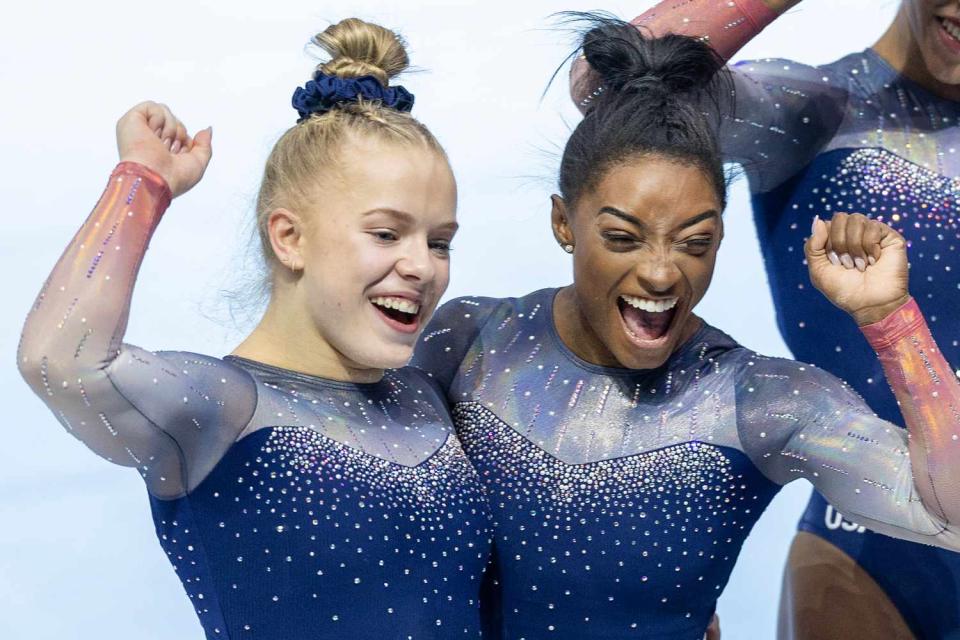 <p>Tim Clayton/Corbis via Getty</p> Joscelyn Roberson (left) and Simone Biles