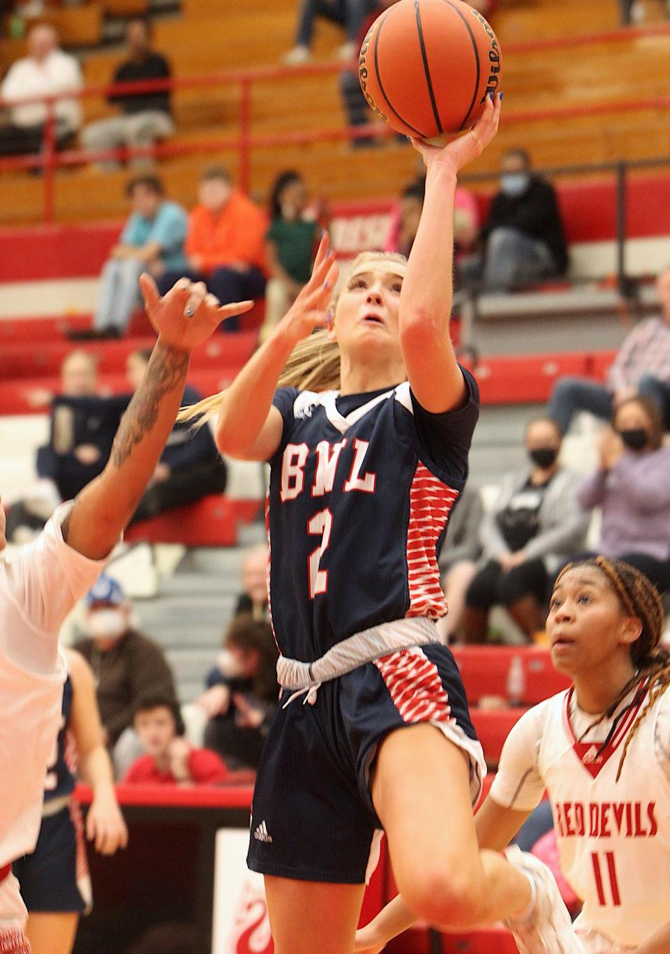 Bedford North Lawrence sophomore Chloe Spreen (2) drives to the bucket during the Stars' sectional opening game against Jeffersonville on Tuesday, Feb. 1, 2022.