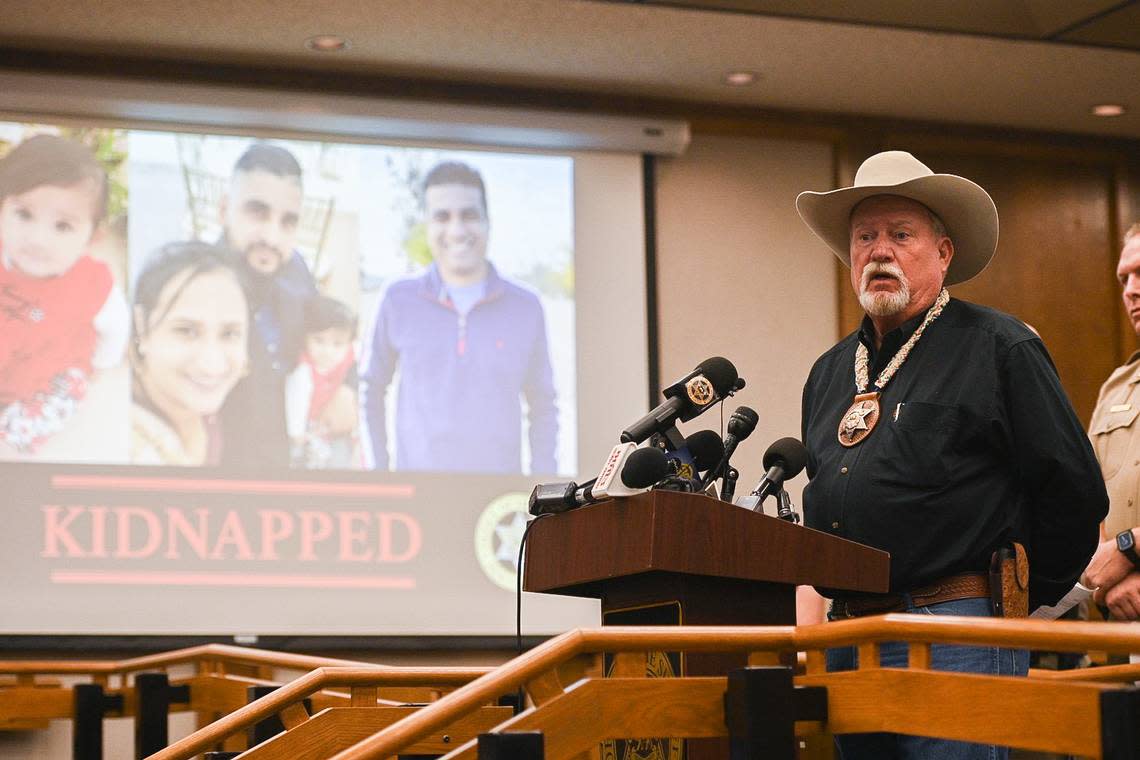 Merced County Sheriff Vern Warnke is shown speaking with the media about the kidnapping of an 8-month-old baby, her parents and uncle.