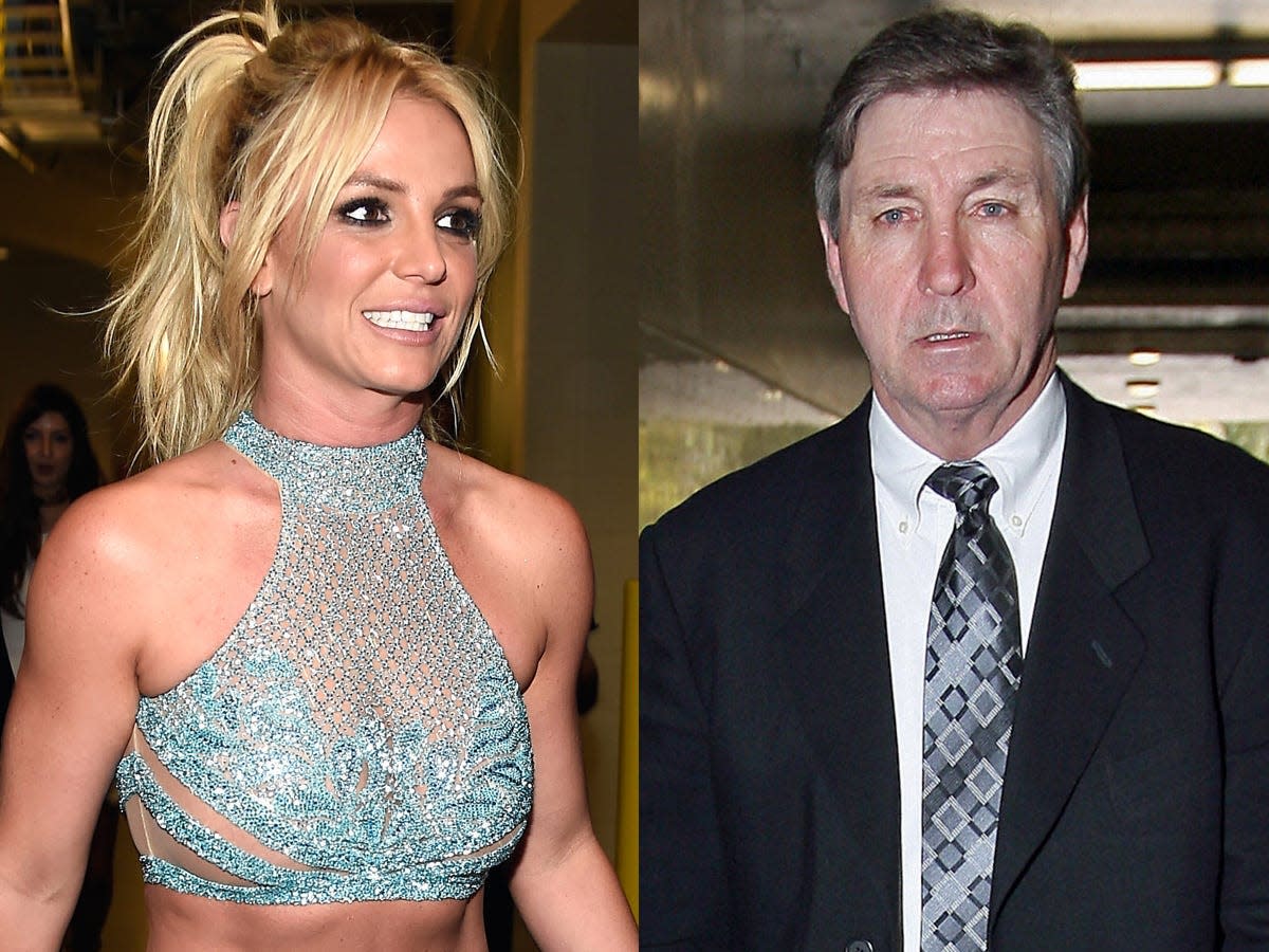 A side-by-side composite showing Britney Spears and her dad, Jamie (James) Spears.