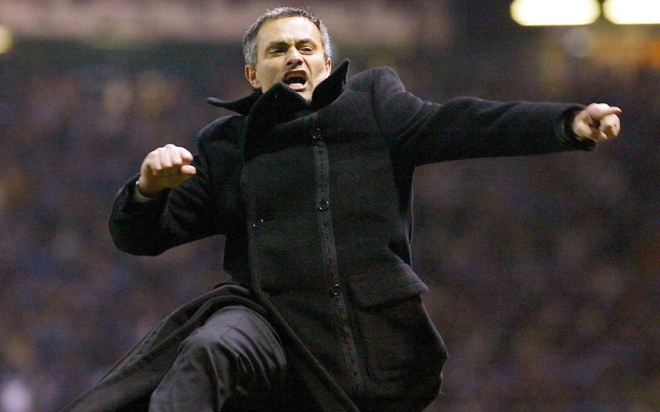 Another time, another time: Jose Mourinho, then manager of Porto, celebrates knocking Manchester United out of the European Cup in 2004 - Reuters