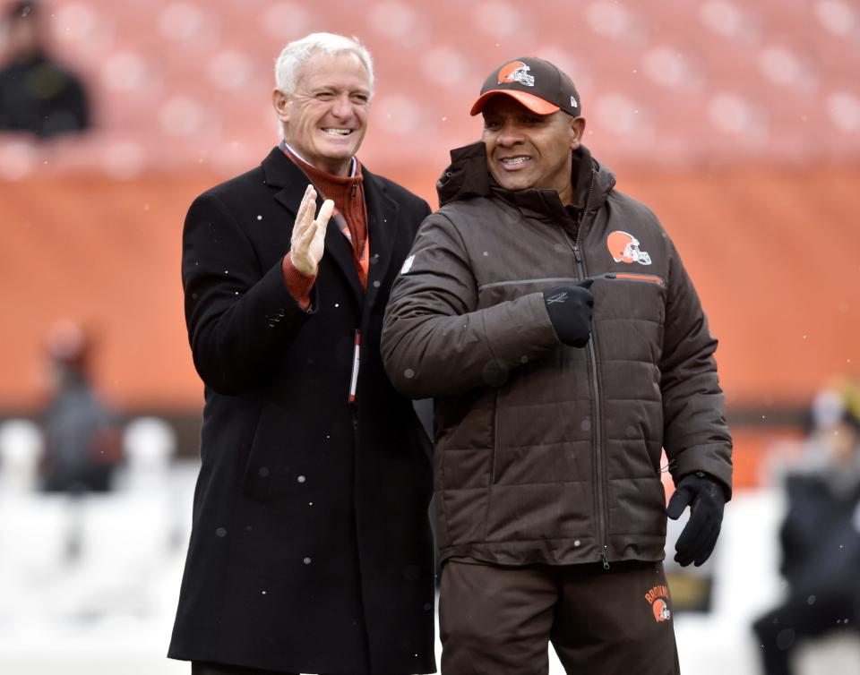 Cleveland Browns owner Jimmy Haslam, left, watches warm ups with head coach Hue Jackson before their game against the Pittsburgh Steelers in Cleveland Nov. 20, 2016. The Steelers won 24-9.