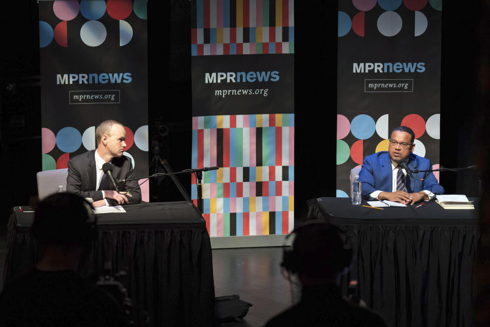 Republican challenger Jim Schultz, left, and Democratic Attorney General Keith Ellison, participate in a debate for Minnesota Attorney General, Friday, Oct. 14, 2022 St. Paul, Minn, Minn. (Glen Stubbe/Star Tribune via AP)