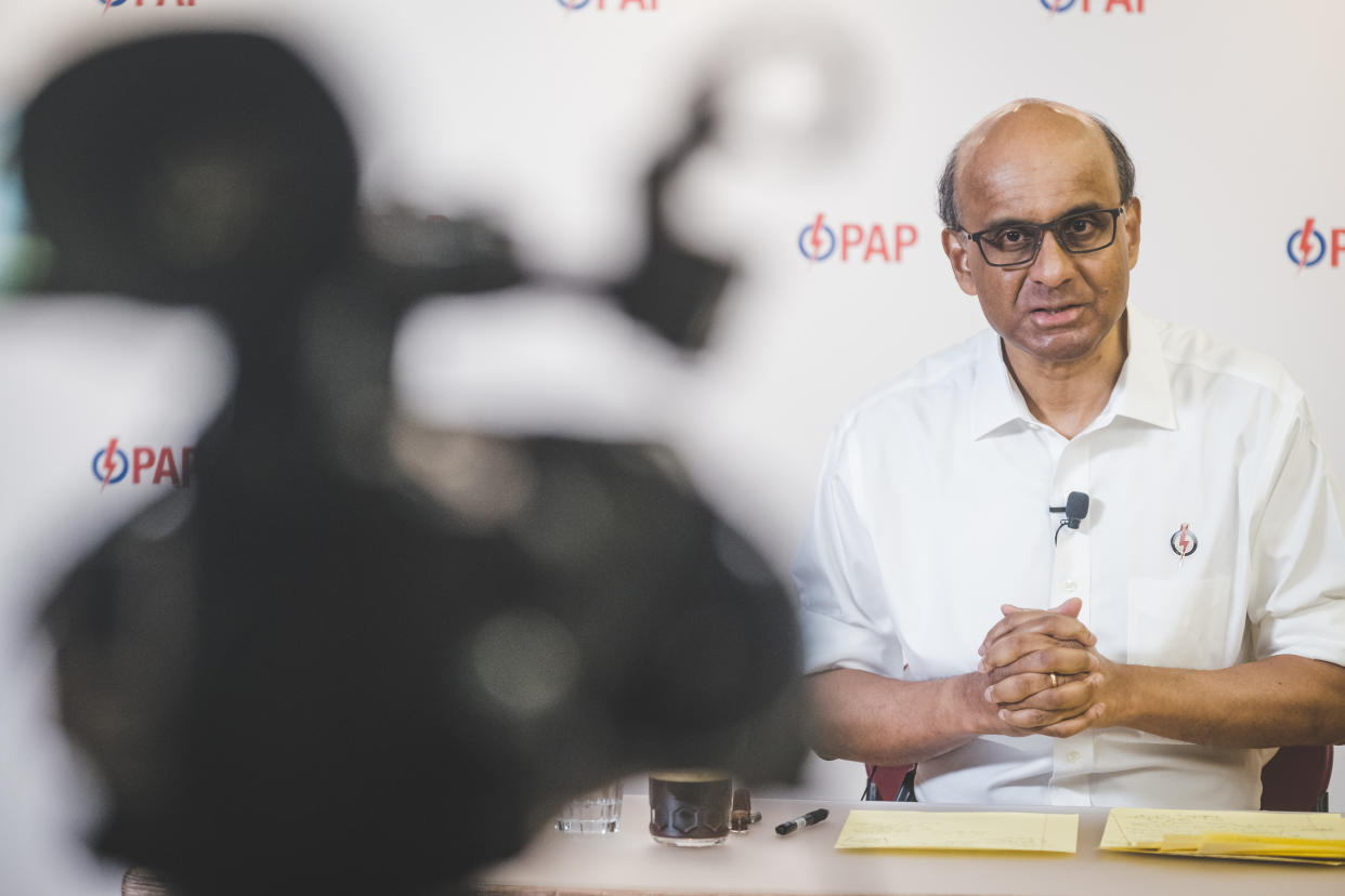 Senior Minister Tharman Shanmugaratnam during a live People's Action Party webcast during the General Election. (PHOTO: PAP)