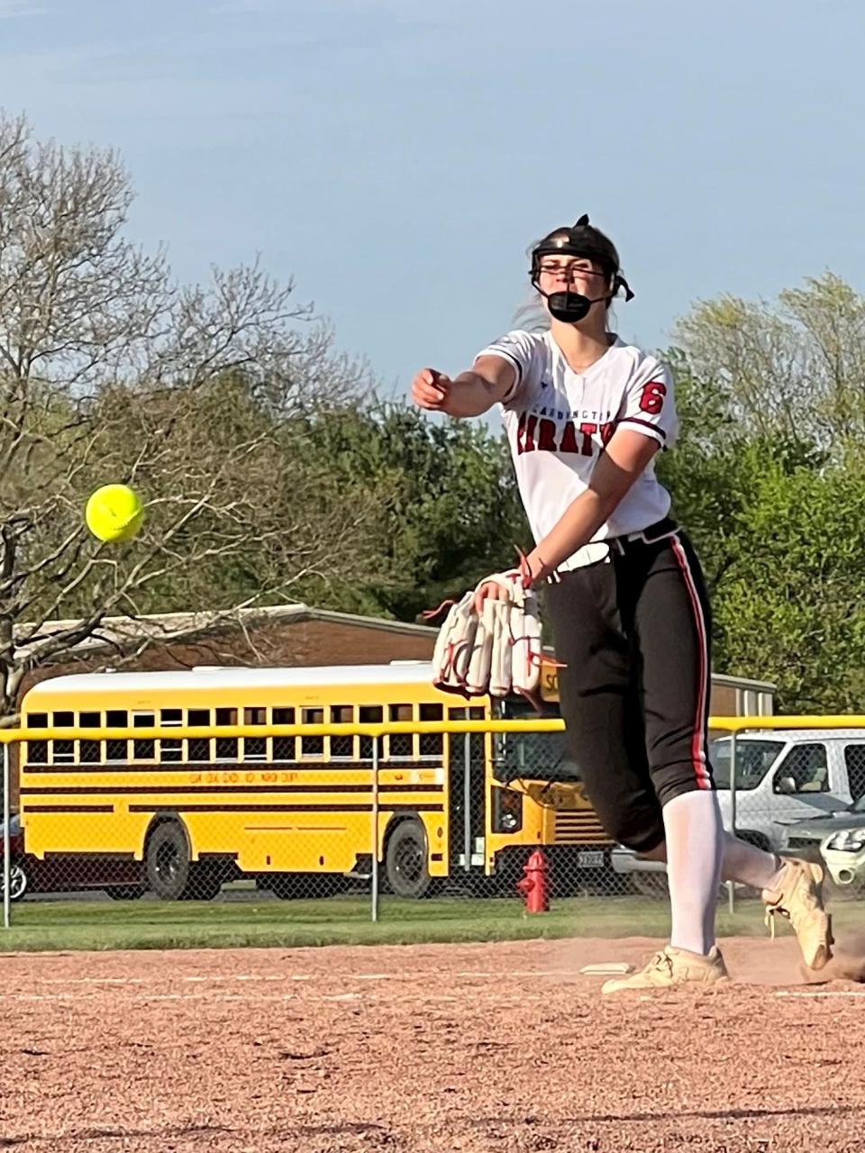 Cardington's Genevieve Longsdorf delivers a pitch during a home game with Elgin last year. She pitched the Pirates to four wins last week.