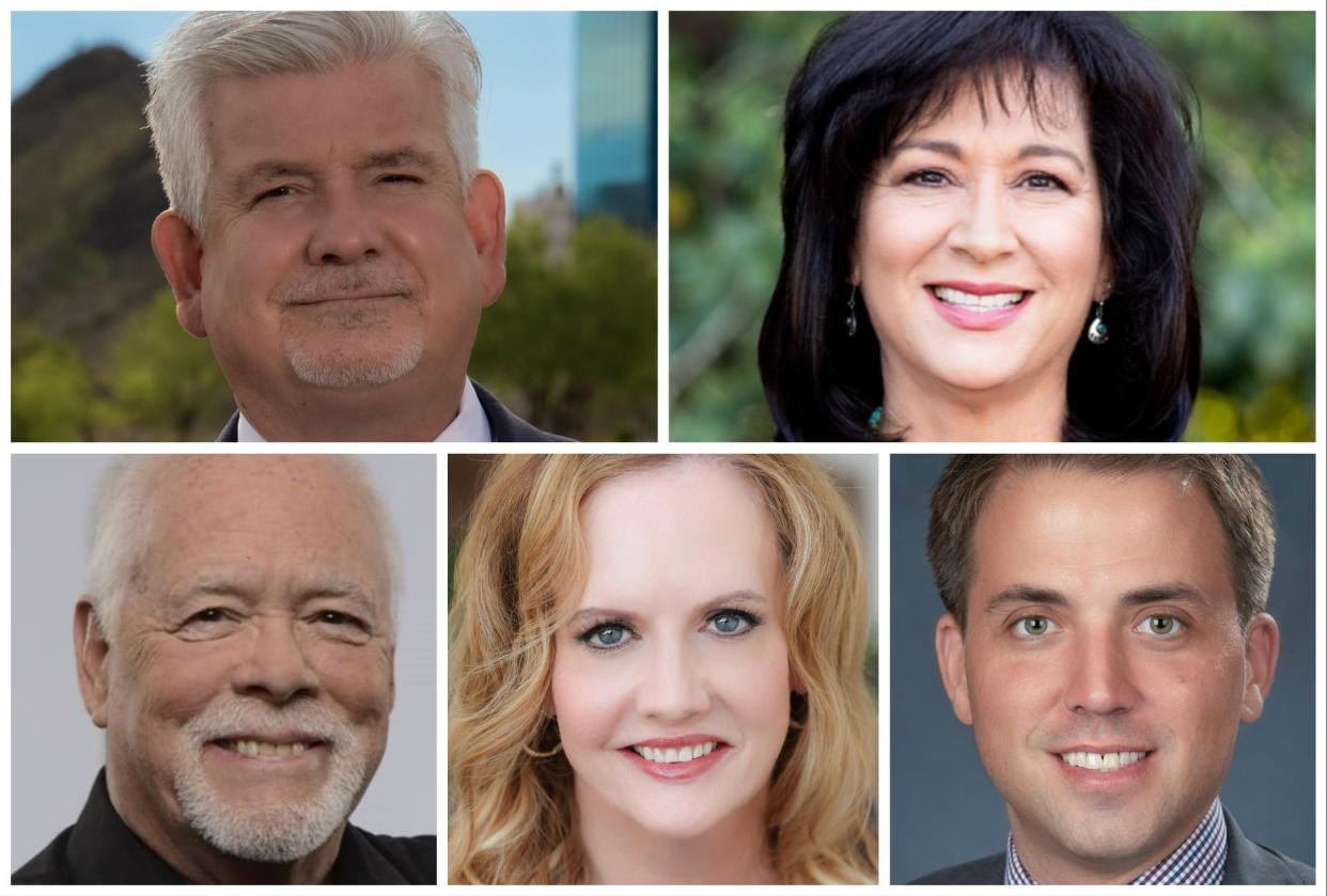 Tempe City Council candidates for 2024 (clockwise from top left): Hugo Tapia, Doreen Garlid, Randy Keating, Nikki Amberg and David Lucier.