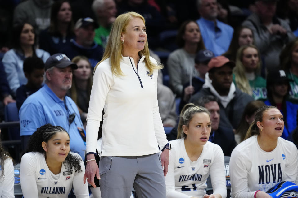 Villanova head coach Denise Dillon looks on during the first half of a second-round college basketball game against Florida Gulf Coast in the NCAA Tournament, Monday, March 20, 2023, in Villanova, Pa. (AP Photo/Matt Rourke)