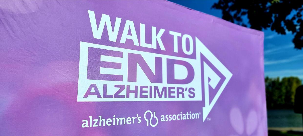 A sign for the Alzheimer's Association's Walk to End Alzheimer's.