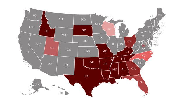 Shown in dark red, 11 states are currently enforcing near-total abortion bans. Six other states have implemented other restrictions on abortion since Roe fell, ranging from six-week bans (Georgia and Ohio), to a 15-week ban (Florida), an 18-week ban (Utah) and a 20-week ban (North Carolina). (Photo: Getty Images)