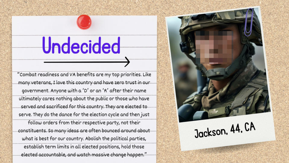 Undecided poster with a quote about military and veteran issues, and a photo of Jackson, 44, CA in military attire