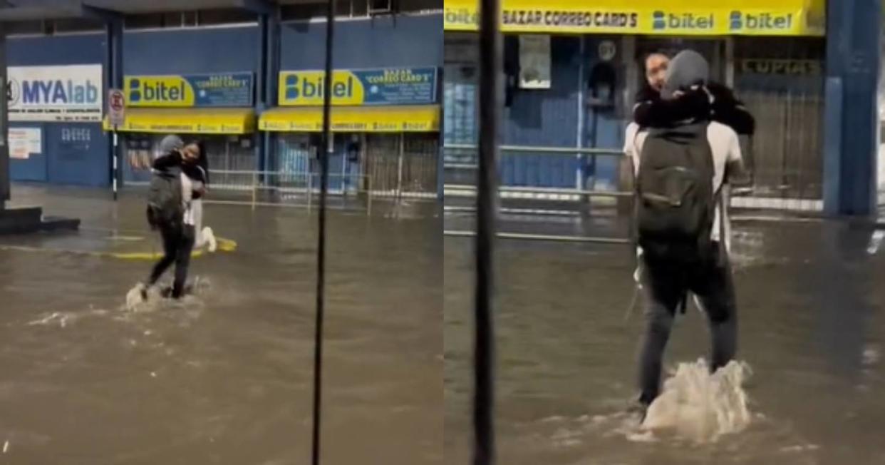 En medio de las fuertes lluvias un joven tiene un romántico gesto con una chica. Foto: Captura de video TikTok vía @/rosita.vh