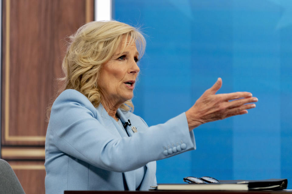 First lady Jill Biden speaks during a virtual writing seminar for gold star children and siblings hosted by The War Horse as part of her "Joining Forces" initiative, in the South Court Auditorium in the Eisenhower Executive Office Building on the White House Campus, Tuesday, May 9, 2023, in Washington. (AP Photo/Andrew Harnik)