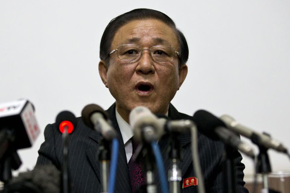 North Korean Ambassador to China Ji Jae Ryong speaks at a press conference held at the North Korean Embassy in Beijing, China, Wednesday, Jan. 29, 2014. North Korea’s propaganda machine is churning out near-daily diatribes against the United States and South Korea for a series of soon-to-start military maneuvers, warning nuclear war could be imminent and saying it will take dramatic action of its own if further provoked. Ji offered a somewhat less caustic line at a rare news conference on Wednesday. Ji told international media the north wanted to reduce tensions to allow steps toward reconciliation and eventual unification between North and South. (AP Photo/Alexander F. Yuan)