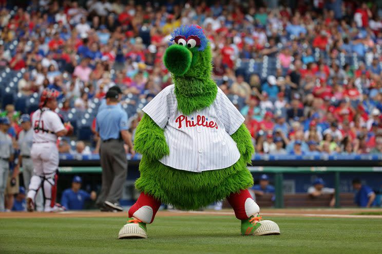 PHILADELPHIA, PA - JULY 2: The Phillie Phanatic performs before a game between the Kansas City Royals and the Philadelphia Phillies at Citizens Bank Park on July 2, 2016 in Philadelphia, Pennsylvania. The Royals won 6-2. (Photo by Hunter Martin/Getty Images)