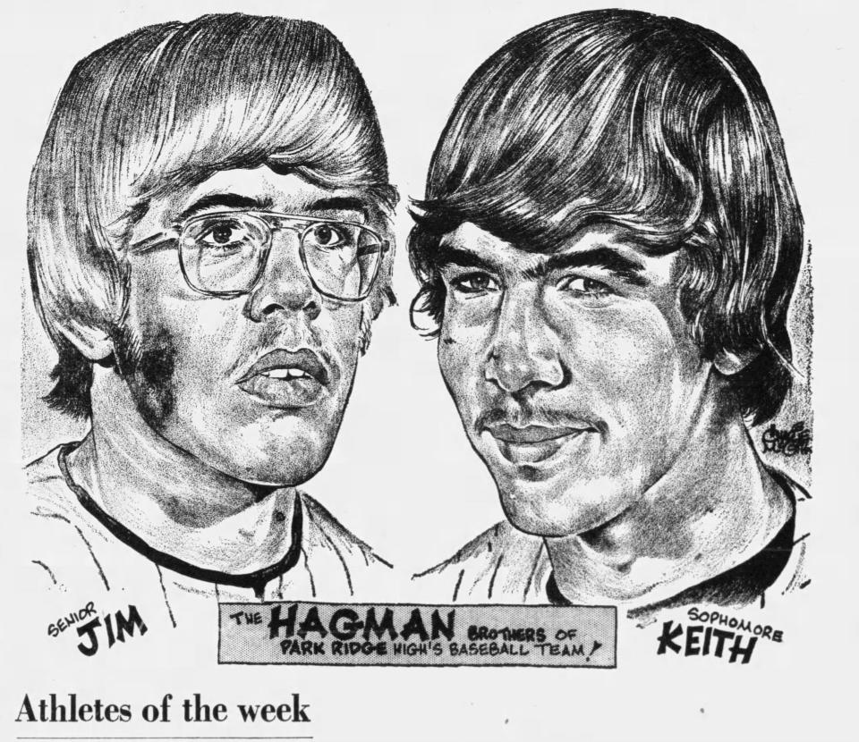 FROM THE RECORD, TUESDAY, APRIL 30, 1974, PAGE B-9 -- Brothers Jim and Keith Hagman of Park Ridge baseball were named co-Athletes of the Week roughly one month before helping the Owls win their first Bergen County title. Drawing by Charlie McGill