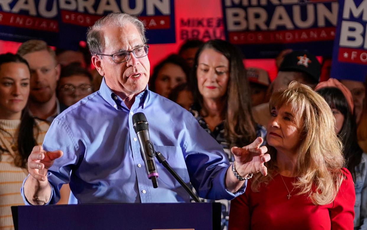 Sen. Mike Braun speaks to a crowd after winning the G.O.P nomination for governor Tuesday, May 7, 2024, during a watch party at Moontown Brewery in Whitestown.