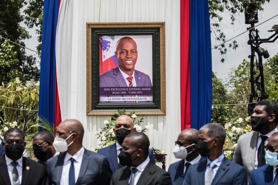 Officials attend a ceremony in honor of the late Haitian President Jovenel Moise in Port-au-Prince, Haiti, on July 20, 2021. The ceremony comes as designated Prime Minister Ariel Henry prepared to replace interim Prime Minister Claude Joseph, after the July 7 attack at Moïse’s private home.