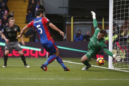 Britain Football Soccer - Crystal Palace v Southampton - Premier League - Selhurst Park - 3/12/16 Crystal Palace's James Tomkins scores their second goal Reuters / Peter Nicholls Livepic