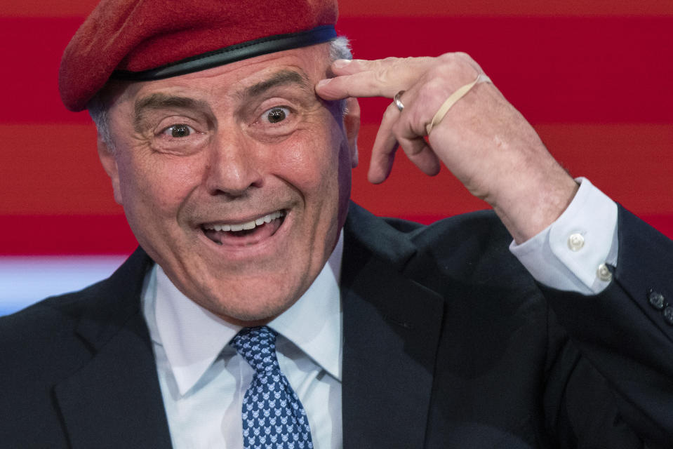 Republican candidate for New York City mayor, Curtis Sliwa, speaks during a debate with Eric Adams, Brooklyn borough president and Democratic mayoral candidate, at the ABC-7 studios in New York, Tuesday, Oct. 26, 2021. (Eduardo Munoz/Pool Photo via AP)