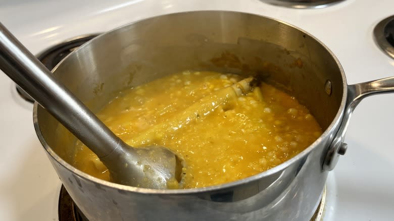 blended corn chowder in saucepan
