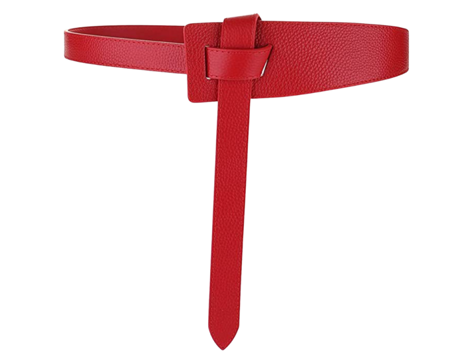 Red leather belt with a tie-knot closure.