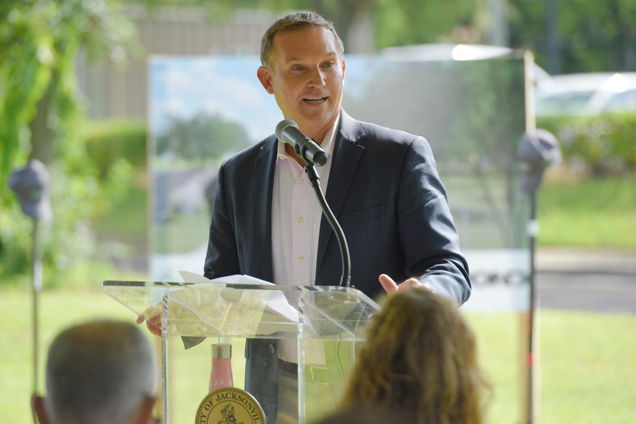 Jacksonville Mayor Lenny Curry speaks at the groundbreaking ceremony for the LaVilla Link section of the Emerald Trail project in August 2021. City leaders had long talked about creating the Emerald Trail that will open Hogans Creek and McCoys Creek for recreation while linking downtown to surrounding neighborhoods by foot and bicycle.
