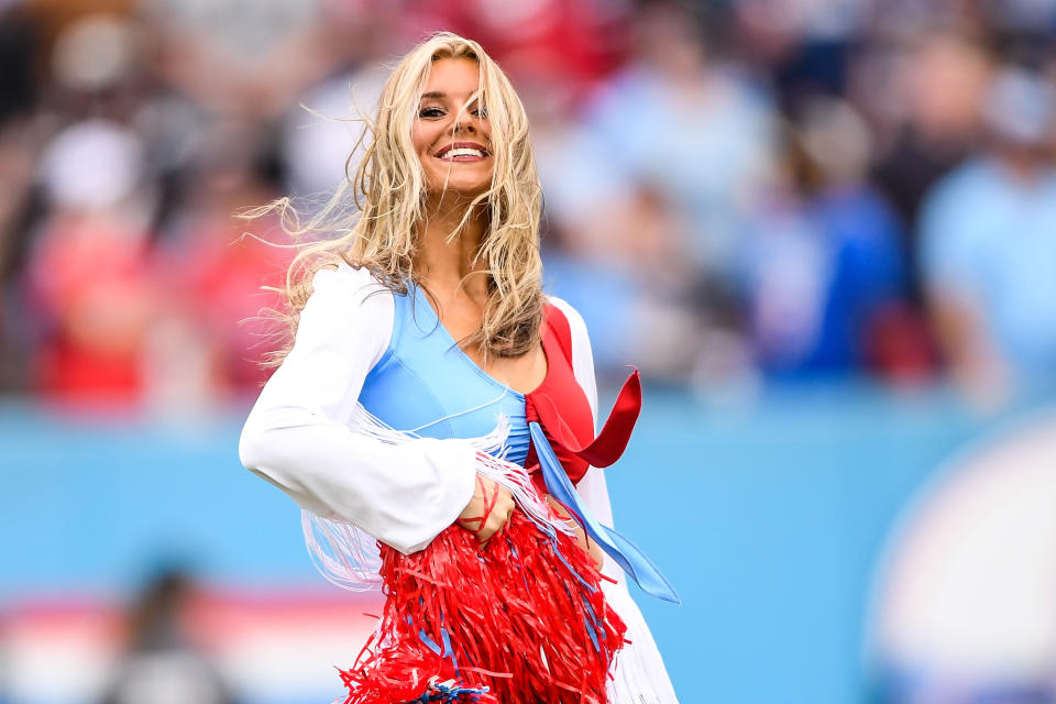 Oct 29, 2023; Nashville, Tennessee, USA; Tennessee Titans cheerleader perform during a time out against the Atlanta Falcons during the first half at Nissan Stadium. Mandatory Credit: Steve Roberts-USA TODAY Sports