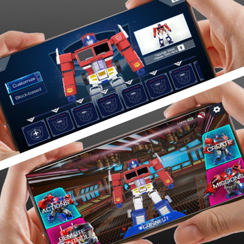 A diagonal split screen of the mobile app for the Optimis Prime toy robot from Hasbro