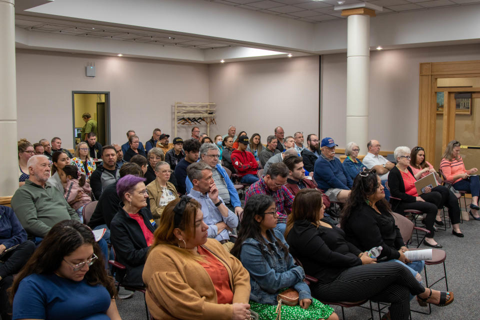 The Tippecanoe County Commissioner's meeting on May 2, 2022, is full of residents interested in the decision related to rezoning land for rodeos and concerts in Lafayette, Ind.