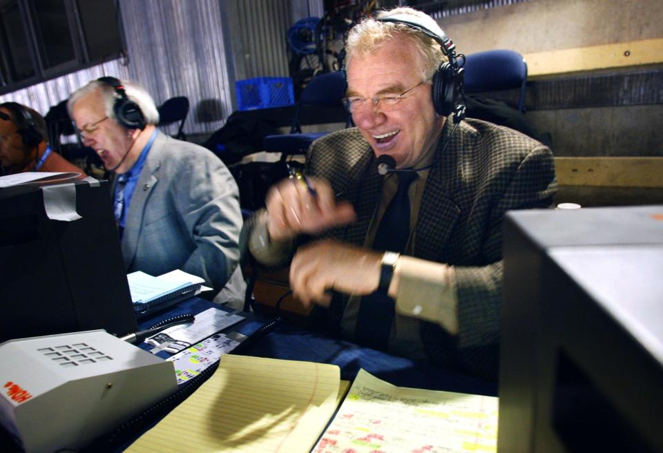 Nashville Predators Pete Weber, left, and Terry Crisp have fun during the pregame for a radio broadcast of the Predators against Los Angeles Kings at The Gaylord Entertainment Center Feb. 11, 2003. The duo pulls double duty for most games by simultaneously doing TV and radio broadcasts.