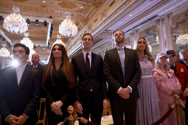 Starting second from left: Kimberly Guilfoyle, Jared Kushner, Eric Trump and Lara Trump listen as former President Donald Trump announces his 2024 run on Tuesday.