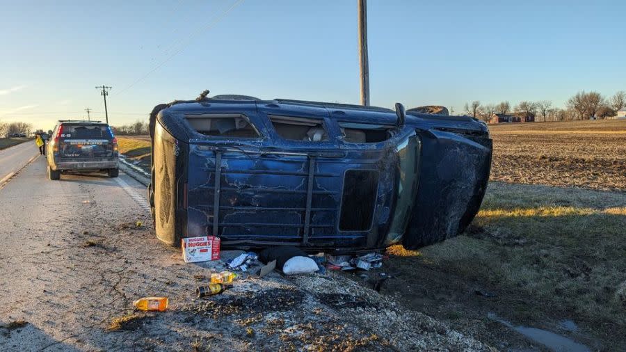 Jacob Rullman’s vehicle after losing control and crashing into a nearby field on Jan. 29, 2024. (Courtesy Cass County Sheriff’s Office)