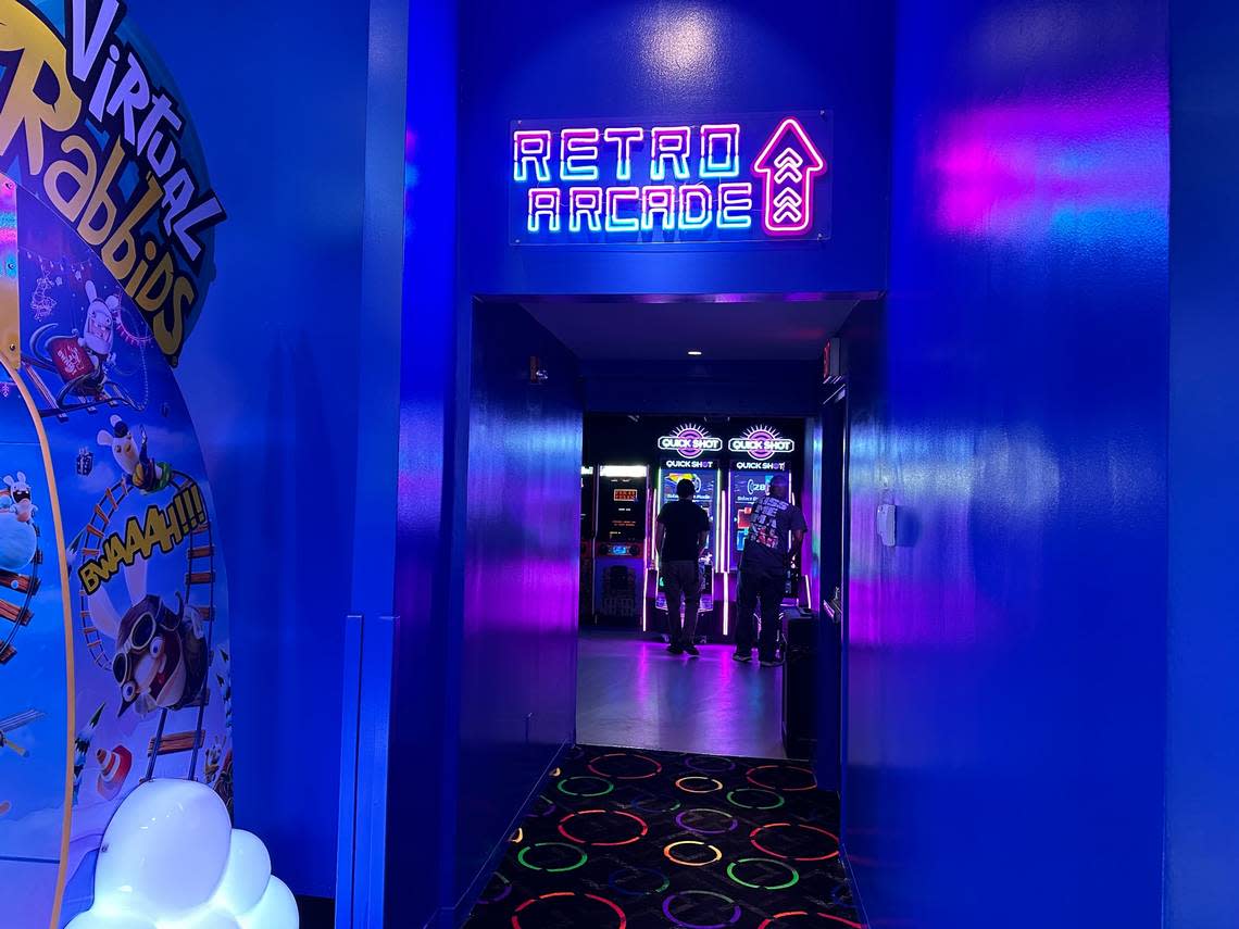 A large Retro Arcade room inside the new Arcade Time Entertainment venue at The Falls in Kendall boasts modern versions of pinball machines and Pac Man games from the 1970s and ’80s.