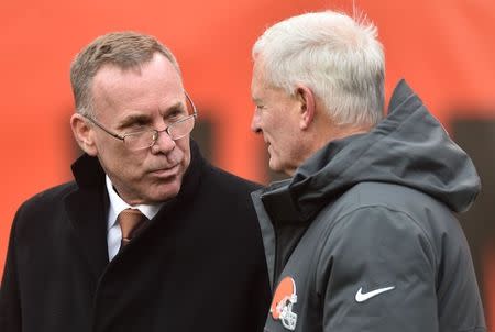 FILE PHOTO: Dec 10, 2017; Cleveland, OH, USA; Cleveland Browns general manager John Dorsey, left, talks with owner Jimmy Haslam before the game between the Cleveland Browns and the Green Bay Packers at FirstEnergy Stadium. Ken Blaze-USA TODAY Sports