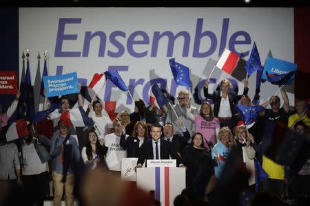 Emmanuel Macron, head of the political movement En Marche !, or Onwards !, and candidate for the 2017 presidential election, attends a campaign rally in Arras, France, April 26, 2017.