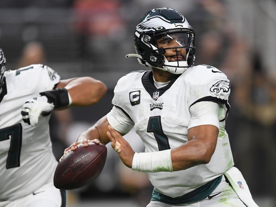 Jalen Hurts gets set for a pass against the Las Vegas Raiders.