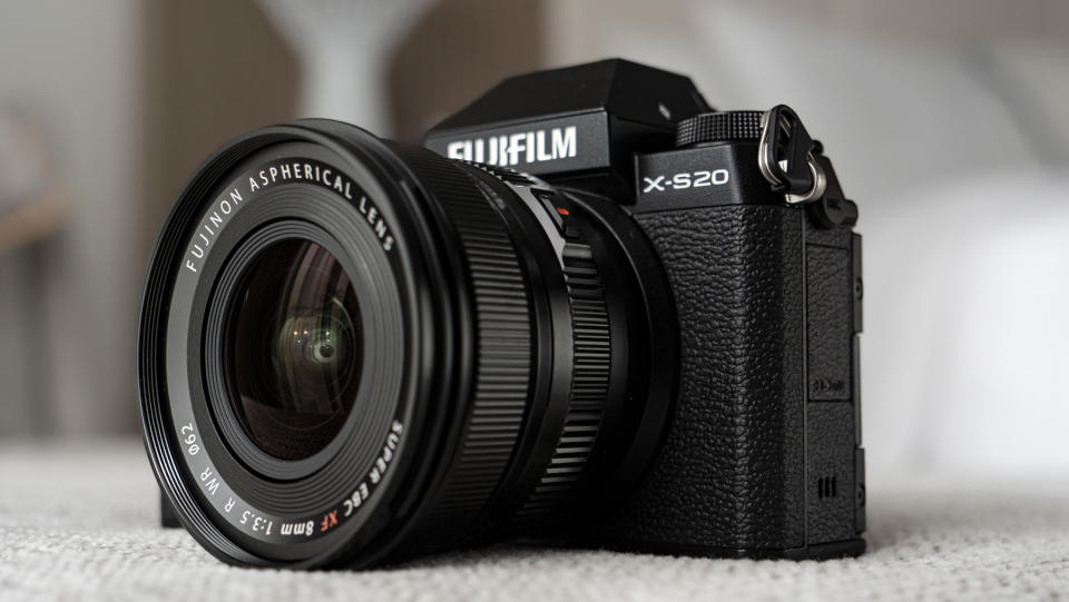 Fujifilm X-S20 camera front with 8mm F3.5 lens attached