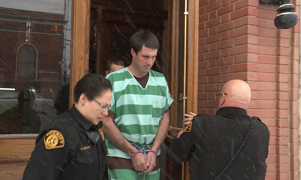 FILE - In this Dec. 31, 2018 file photo, Patrick Frazee leaves the Teller County District Court in Cripple Creek, Colo. Frazee, charged with murder and solicitation to commit murder in the death of his missing fiancee, Kelsey Berreth, is scheduled to appear in court, Tuesday, Feb. 19, 2019. Frazee, who has not entered a plea, has been jailed since his arrest. (Chappin Everett/The Gazette via AP, File)