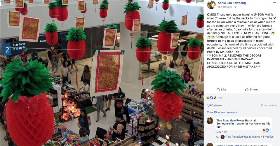 The joss papers used as Chinese New Year decorations. (Photo: Facebook)