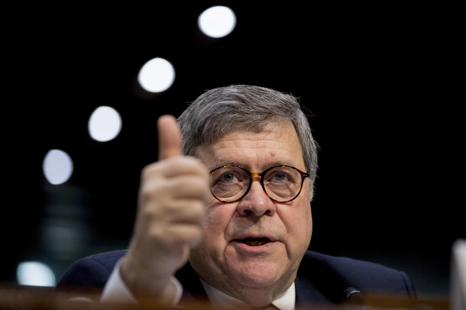 FILE - In this Jan. 15, 2019, file photo, then-Attorney General nominee William Barr testifies during a Senate Judiciary Committee hearing on Capitol Hill in Washington. Barr has been attorney general for just one week but is on the cusp of staring down what will almost certainly be the most consequential decision of his long career: how much of the special counsel’s findings to make public. (AP Photo/Andrew Harnik, File)