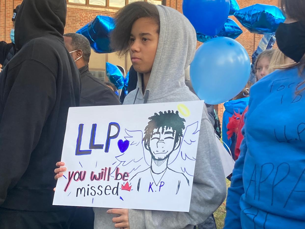 Lanphier High School students held a vigil for Pierre V. Scott Jr., a Lanphier senior, on November 19, 2021. Scott was fatally stabbed outside of the school two days earlier. The defendant in the case, Kamyjah A. Bias of Springfield, stands trial in Sangamon County court beginning Tuesday.