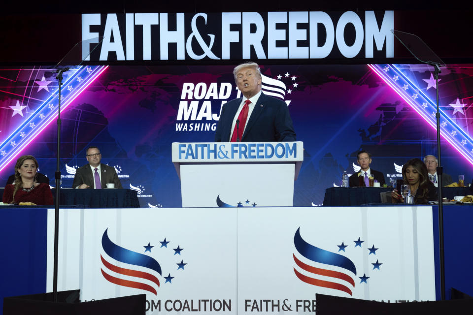 Former President Donald Trump speaks during the Faith & Freedom Coalition Policy Conference in Washington, Saturday, June 24, 2023. (AP Photo/Jose Luis Magana)