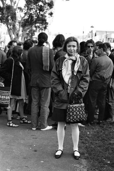 Writer Joan Didion stands at the panhandle of Golden Gate Park