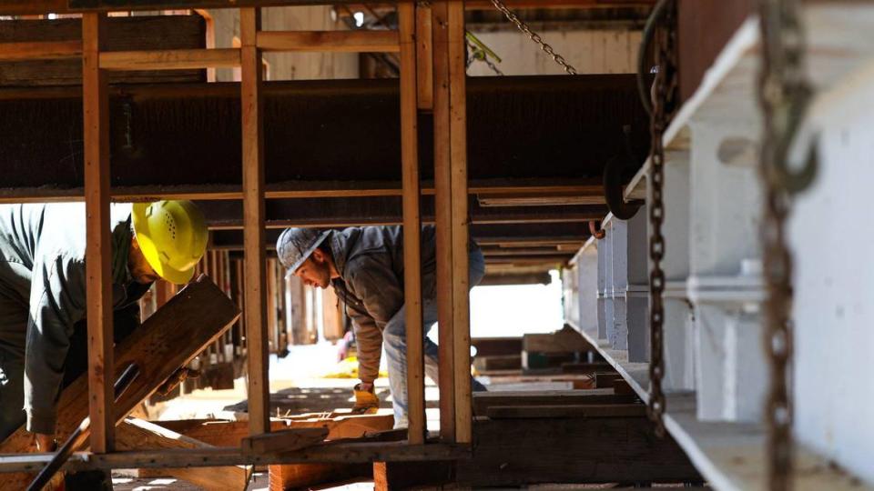 The Cayucos Veterans Memorial Hall is being moved so workers can replace the foundation as the historic 1870s structure is being renovated. Dinuba House Movers Inc. is shifting the building.