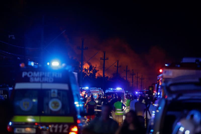 Flames rise after an explosion at a LPG station in Crevedia, near Bucharest