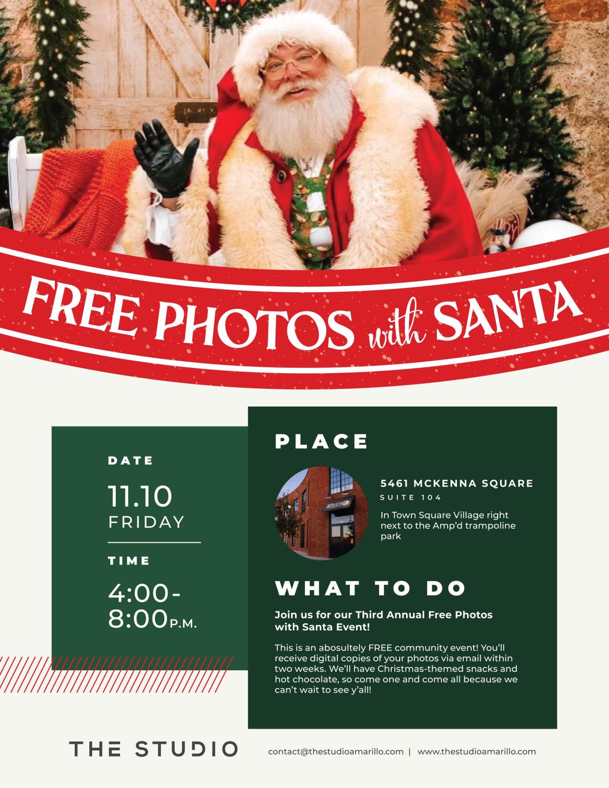 On Friday, Nov. 10, the Studio is hosting its Third Annual Free Photos with Santa event in Town Square Village in Amarillo.