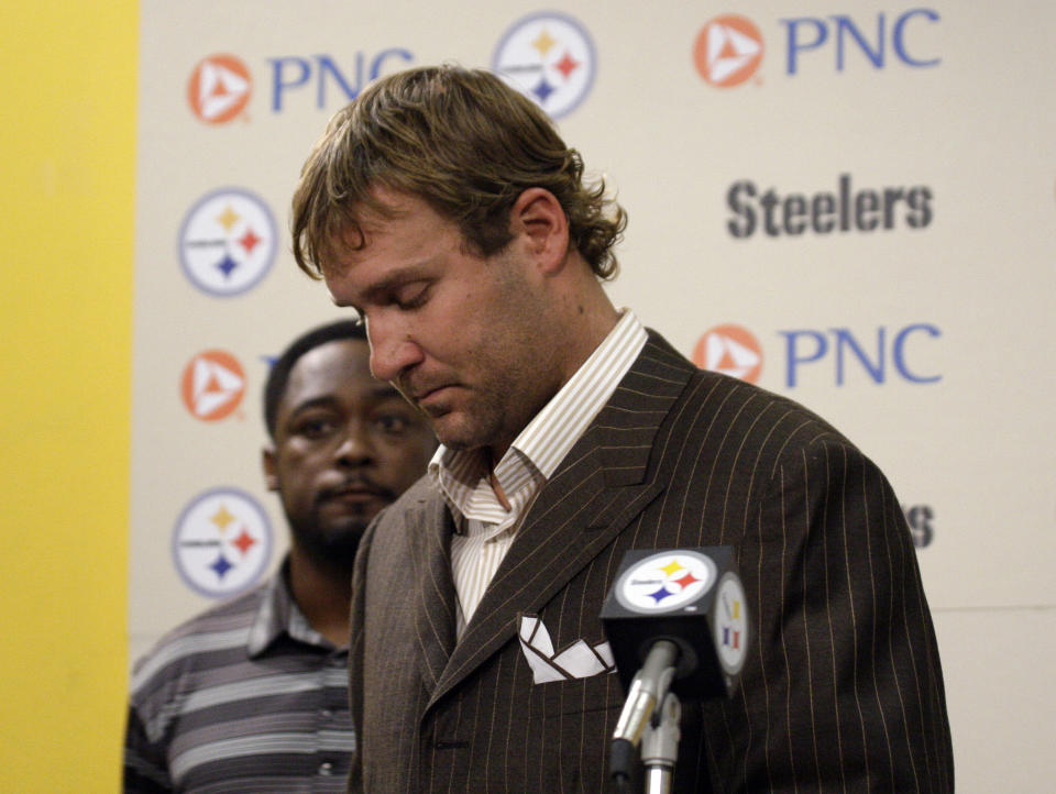 FILE - In this Thursday, July 23, 2009, file photo, Pittsburgh Steelers quarterback Ben Roethlisberger makes a statement to reporters at Steelers headquarters in Pittsburgh, saying that allegations by a Lake Tahoe casino hostess that he raped her a year earlier are "reckless and false." Roethlisberger avoided major repercussions from the allegations of rape against him in 2009. (AP Photo/Gene J. Puskar, File)