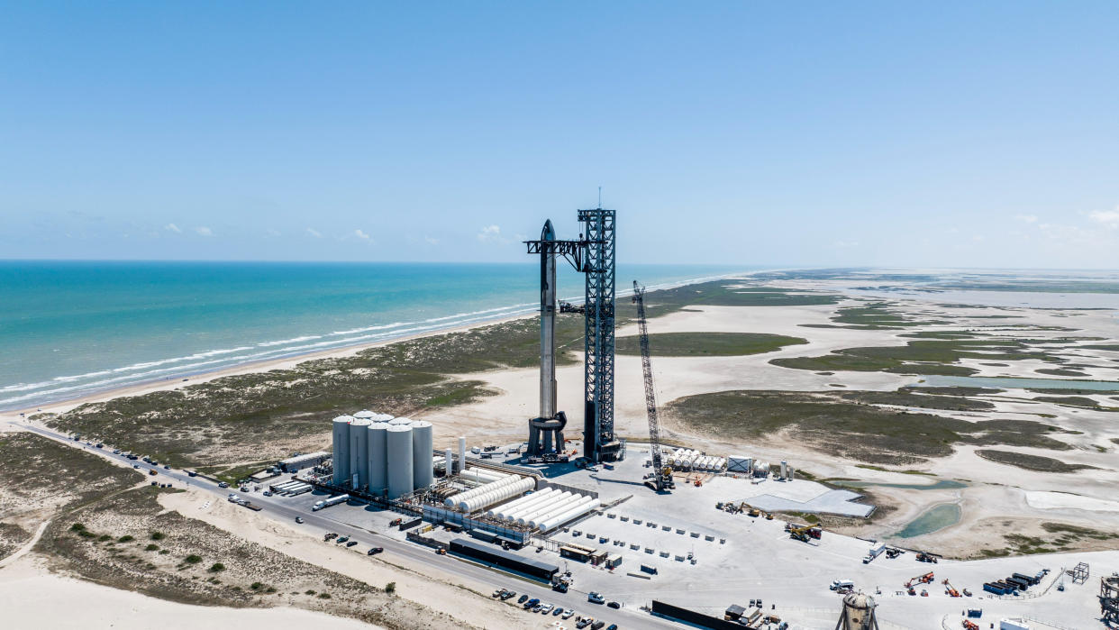  SpaceX's latest Starship vehicle stands fully stacked at the Starbase site in South Texas on Sept. 5, 2023. 